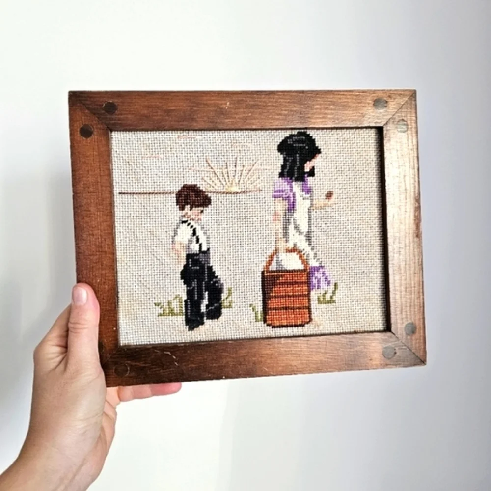 Vintage Needlework c1950 Amish Midcentury Embroidery Wood Frames Country Decor